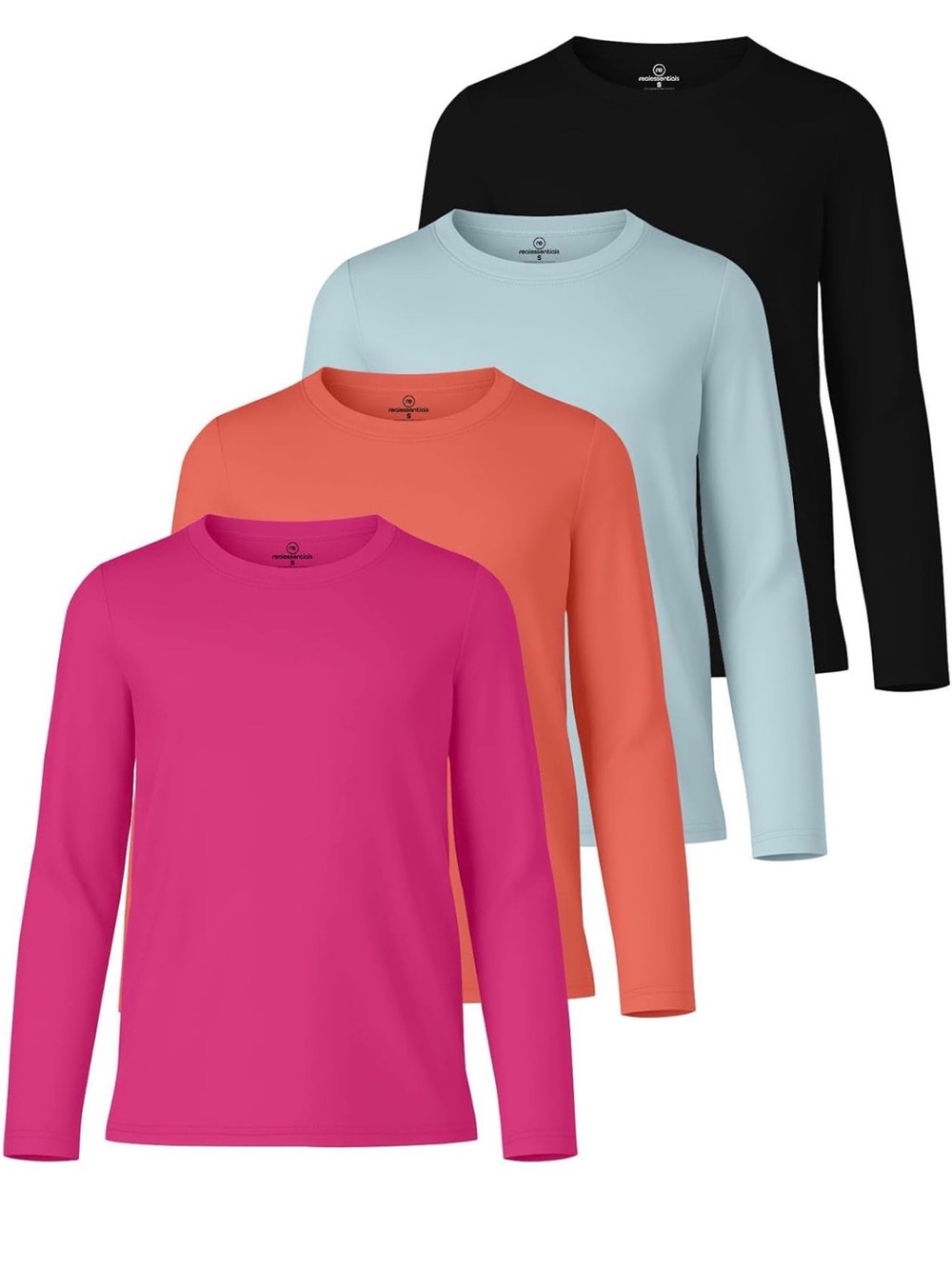 Kids Long Sleeve Crew Neck Tops - Pack of 4 (Pink, Coral, Light Blue, Black)